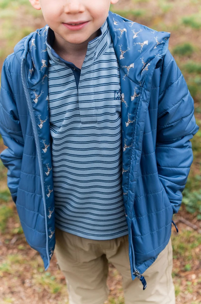 Boys Hooded Puffer Jacket from Prodoh in blue. This sporty layer combines warmth, comfort, and rugged durability. Designed to keep up with every move, it easily transitions from playground recess to weekend trail outdoor exploration.