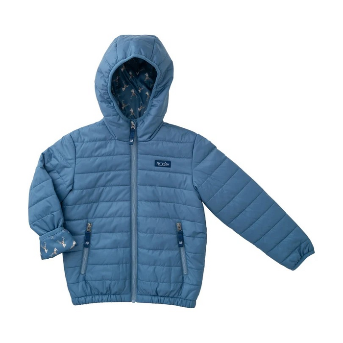 Boys Hooded Puffer Jacket from Prodoh in blue. This sporty layer combines warmth, comfort, and rugged durability. Designed to keep up with every move, it easily transitions from playground recess to weekend trail outdoor exploration.