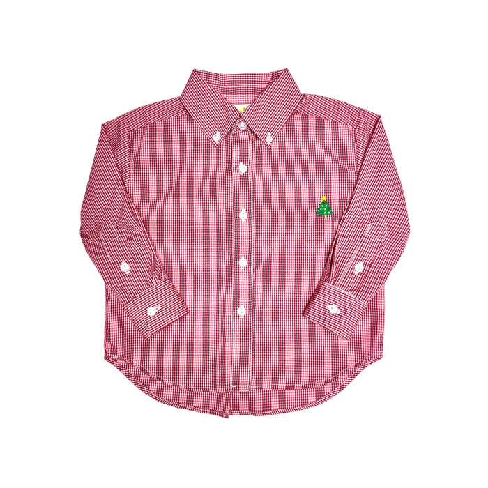 Celebrate the season in style with the Boy's Christmas Tree Alton Gingham Shirt from Zuccini Kids. This charming red and white gingham button up shirt t is adorned with a festive Christmas Tree embroidered detail. This shirt is the perfect holiday outfit for your son to shine and coordinate perfectly with sibling looks. Pair with the Christmas Tree Red Corduroy Pants.