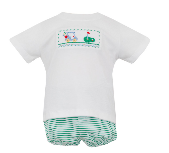 Elevate your little golfer's style with Petit Bebe's Boys Golf Knit Short Set! This set features a white knit shirt with a striking golf stitching design, paired with green striped knit shorts. Perfect for a day on the course or a casual outing, this set combines comfort and style for your little one.