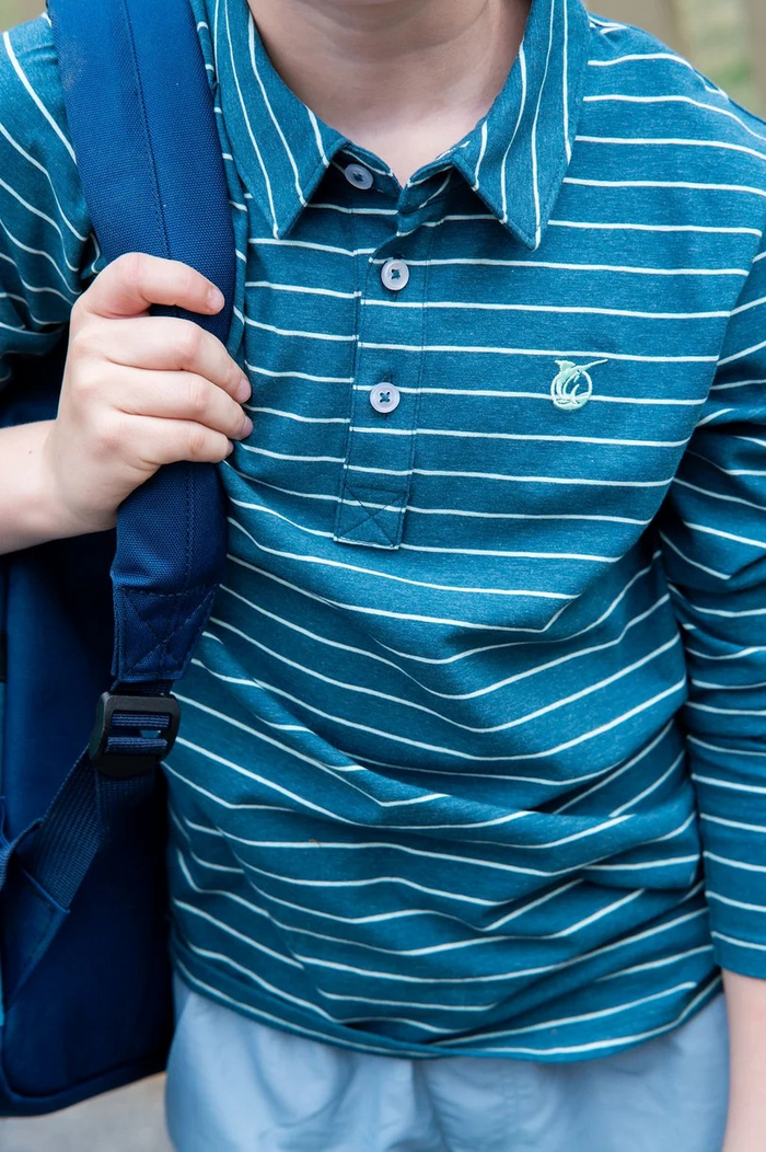 Meet your new favorite classic: the Boys' Long Sleeve Cotton Polo in Tapestry Blue and Mist Green Stripe. Designed from a premium blend of cotton and spandex for all-day comfort and just the right amount of stretch. Whether he's headed to church, school, or the golf course with Dad, this polo allows him to look polished and playful at the same time.