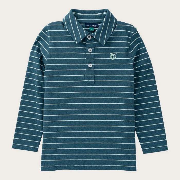 Meet your new favorite classic: the Boys' Long Sleeve Cotton Polo in Tapestry Blue and Mist Green Stripe. Designed from a premium blend of cotton and spandex for all-day comfort and just the right amount of stretch. Whether he's headed to church, school, or the golf course with Dad, this polo allows him to look polished and playful at the same time.