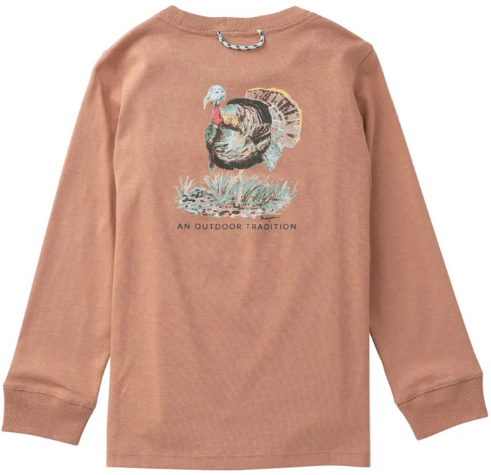 Classic long-sleeve comfort with a playful twist. This boys' tee features a turkey graphic on the back in warm burnt orange, paired with a functional front pocket for everyday wear. Soft cotton construction keeps him comfortable all day long, whether heading to school or weekend adventures. Perfect for fall layering or standalone wear.