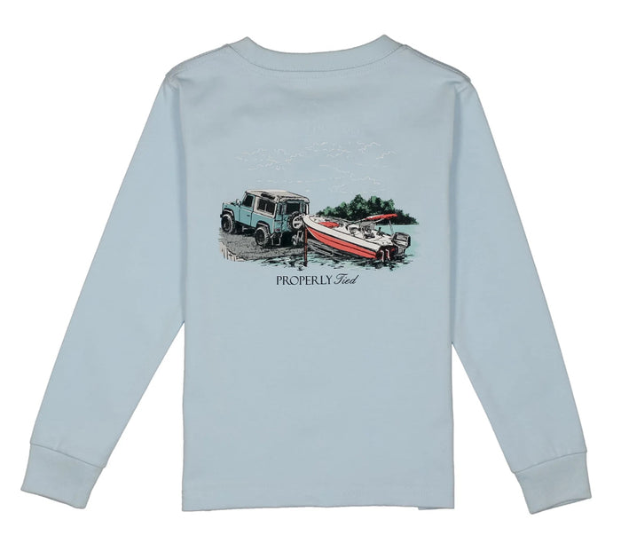 Properly Tied’s Boys Longsleeve Boat Launch Tee in soft light blue Pima cotton wraps your boy in cozy comfort while inspiring adventurous days. The striking boat launch design sparks imagination, making every moment feel like setting sail toward new horizons.