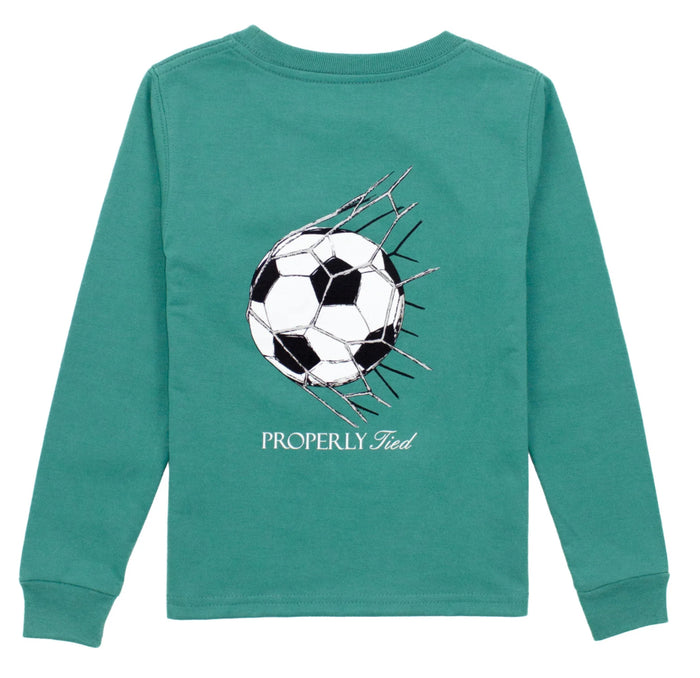 Properly Tied’s Boys Longsleeve Goal Tee in rich hunter green combines soft Pima cotton comfort with an energetic soccer design, inspiring young athletes from toddler to tween to reach for their goals with every wear!