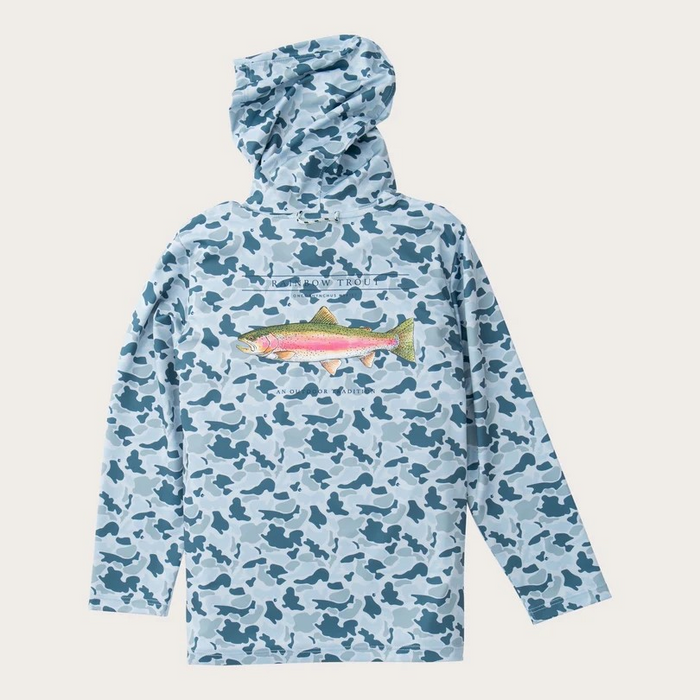PRODOH&nbsp;Boys' Pro Performance Hoodie T-shirt in Coastal Blues Camo with Rainbow Trout Art&nbsp;is a long-sleeve, hooded performance fishing hoodie made with a lightweight, moisture-wicking synthetic blend designed for sun protection and breathability. Shirts have a relaxed fit with a straight hem and long sleeves, suitable for layering or wearing alone in warm conditions.&nbsp;UPF 50+ sun protection (yes please!) 90% Polyester 10% Lycra.