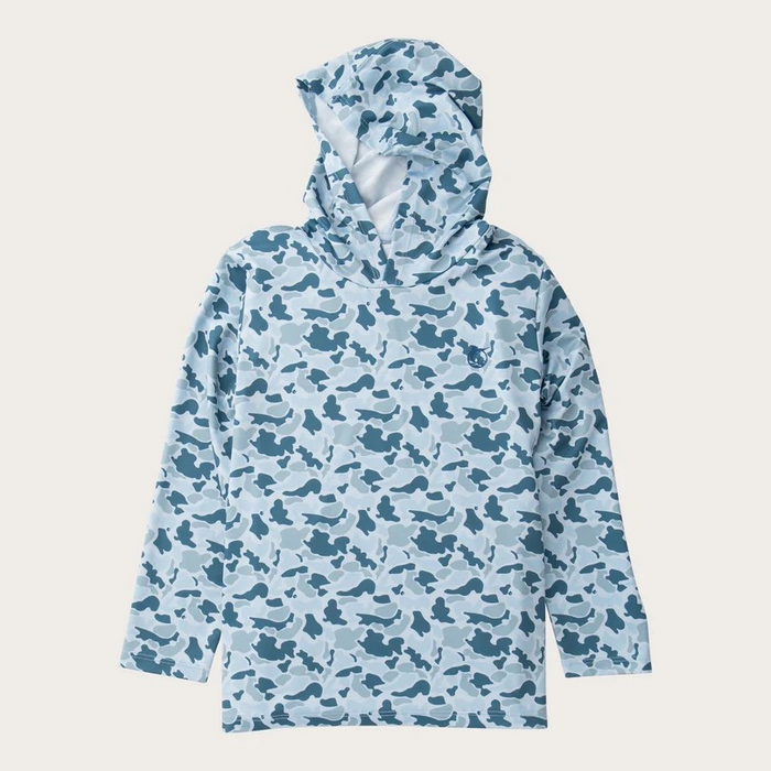 PRODOH&nbsp;Boys' Pro Performance Hoodie T-shirt in Coastal Blues Camo with Rainbow Trout Art&nbsp;is a long-sleeve, hooded performance fishing hoodie made with a lightweight, moisture-wicking synthetic blend designed for sun protection and breathability. Shirts have a relaxed fit with a straight hem and long sleeves, suitable for layering or wearing alone in warm conditions.&nbsp;UPF 50+ sun protection (yes please!) 90% Polyester 10% Lycra.