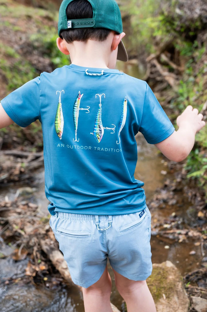 For your little angler, this PRODOH&nbsp;Boys' Pro Performance Short Sleeve T-shirt in Tapestry Blue with Fishing Lures&nbsp;will be your little bait and tackle expert's go to tee!&nbsp;

Sun-Safe Play-UPF 50+ protection shields sensitive skin during outdoor fun

90% Polyester 10% Lycra Moisture-wicking, quick-dry fabric that keeps them dry from backyard to bleachers