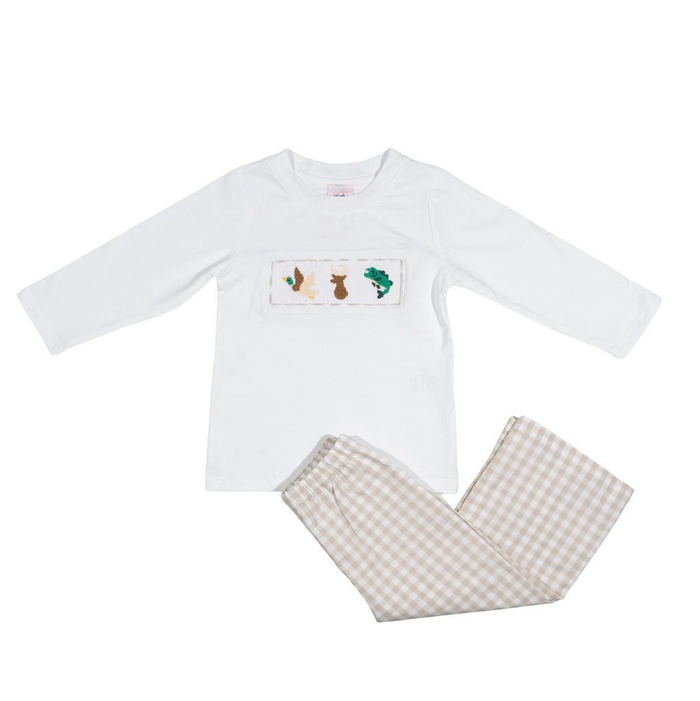 Smocked long sleeve tee featuring ranchin' animals in hunting and fishing scenes pairs perfectly with coordinating gingham pants for a timeless, versatile look. The classic combination creates endless mix-and-match styling options throughout the season. Designed for little adventurers who love the great outdoors.