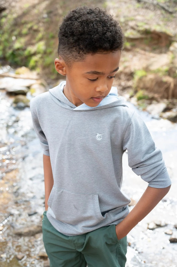 Lightweight hoodie sweatshirt featuring a striking fish graphic on the back. Crafted in Night Owl Heather, a soft light gray that pairs effortlessly with everyday wear. Perfect for layering on cool days or wearing solo for casual comfort. By Prodoh.