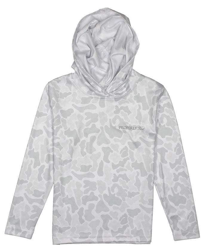 Crafted from 100% polyester, this Boys Sportsman Performance Hoodie in Snow Camo by Properly Tied offers lightweight comfort and excellent breathability, perfect for active days outdoors. Designed for Toddler to Tween boys, it features a hood for extra protection. Wear it alone in warm weather or layer it up when the temperature drops.