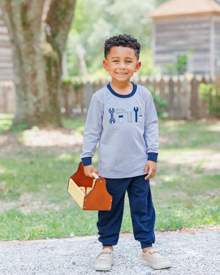 Ready for adventure, the Built to Play Jogger Set by Jellybean sparks imagination with playful tool appliqués and cozy knit joggers. Soft, breathable fabric keeps your little builder comfortable from morning playdates to afternoon naps! Is your boy ready to build his next masterpiece?