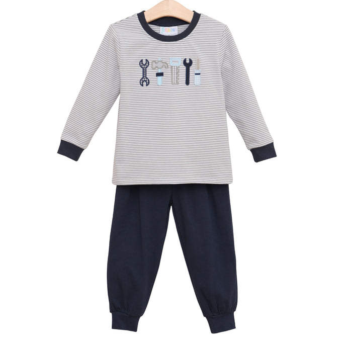 Ready for adventure, the Built to Play Jogger Set by Jellybean sparks imagination with playful tool appliqués and cozy knit joggers. Soft, breathable fabric keeps your little builder comfortable from morning playdates to afternoon naps! Is your boy ready to build his next masterpiece?