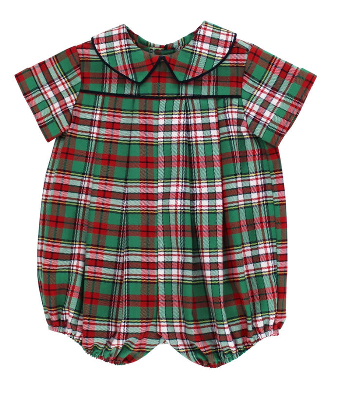 Bailey Boys’ Christmas Plaid Dressy Bubble brings timeless holiday charm to your infant’s wardrobe. Crafted for festive portraits and family moments, its classic plaid design and Peter Pan collar ensures unforgettable style and perfect sibling coordination this season!