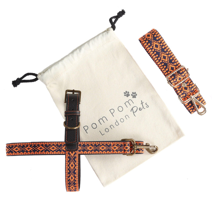 Collar and Lead Set - Orange & Navy-Pom Pom London