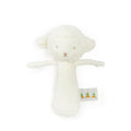 Friendly Chime Lamb is made of soft white velour with adorably little lamb ears and hand-embroidered details for a too-cute face, with pinked cheery cheeks, and soft dangling arms for chewing and soothing.