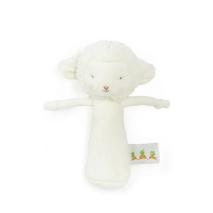 Friendly Chime Lamb is made of soft white velour with adorably little lamb ears and hand-embroidered details for a too-cute face, with pinked cheery cheeks, and soft dangling arms for chewing and soothing.