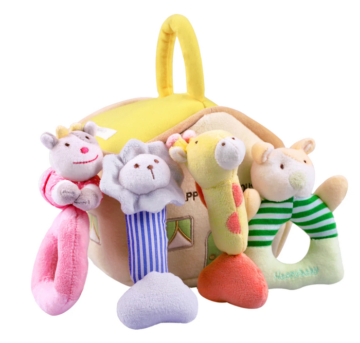 Delight your little one with the Happy Baby House - 4 Plush Rattles Set! This charming collection features soft, cuddly rattles shaped like adorable animals, perfect for tiny hands. Each rattle encourages sensory play and engagement, making it an ideal gift for babies aged 2 months and up. Watch your baby giggle with joy!