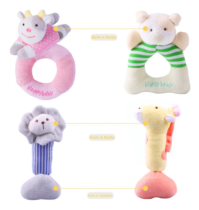 Delight your little one with the Happy Baby House - 4 Plush Rattles Set! This charming collection features soft, cuddly rattles shaped like adorable animals, perfect for tiny hands. Each rattle encourages sensory play and engagement, making it an ideal gift for babies aged 2 months and up. Watch your baby giggle with joy!
