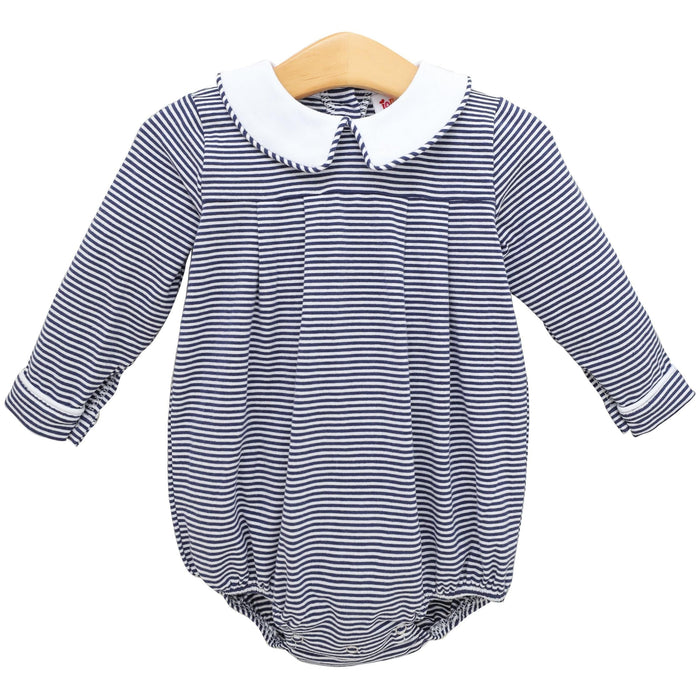 Dress your little one in timeless charm with the Henry Bubble in Navy Stripes by Jellybean! The soft navy stripes paired with the crisp white Peter Pan collar create a classic look that’s as comfortable as it is adorable. Ready to make every moment unforgettable?