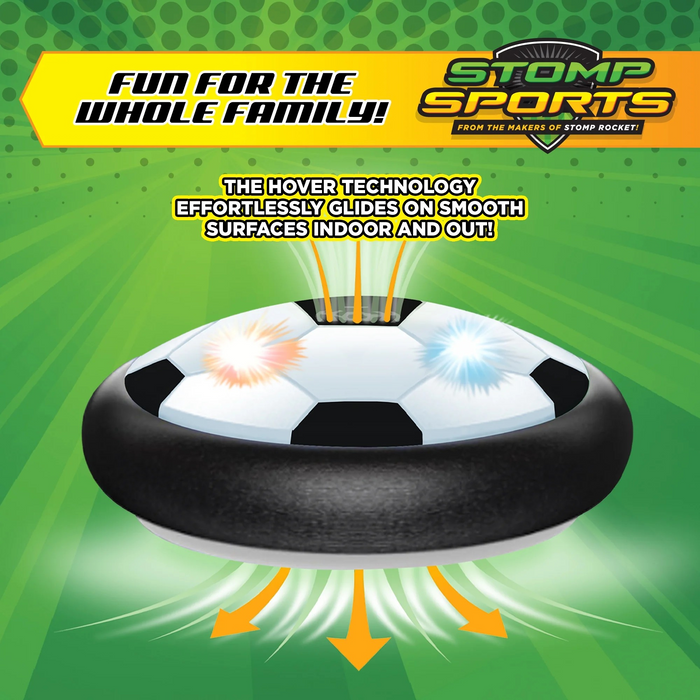 Hover Soccer from the Makers of Stomp Rocket – LED Lights and Padded Bumpers Indoor Air Soccer Toy for Boys Girls. Transforms indoor spaces into a thrilling soccer arena, allowing the toy to glide and bounce for endless entertainment.

Illuminating LED: Features LED lights that add an extra dimension of fun, illuminating the room in an array of colors, especially in low light.
Safe Padded Design: Built with soft foam padded edges to protect furniture from damage, ensuring safe, active fun for the entire fam