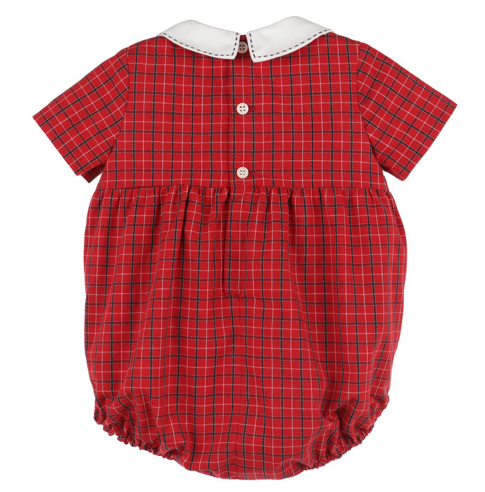 Dress your infant boy in timeless holiday charm with the Infant Boys Stitches Check Bubble from Luli &amp; Me. Featuring a classic silhouette, a crisp white Peter Pan collar, and delicate white button details, this outfit offers both comfort and style for festive occasions with it's red and navy plaid. Perfect for Christmas celebrations, it ensures your little one looks adorable while staying cozy.