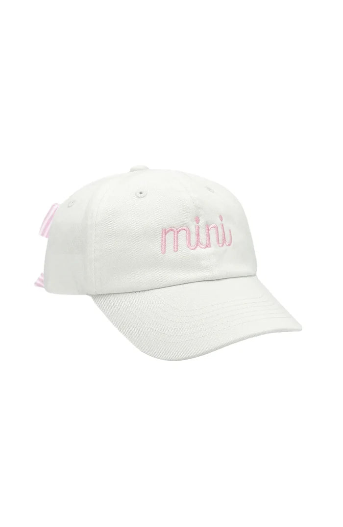 White baseball hat with pink/white seersucker bow and "mini" embroidery.