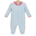 The Mint Striped Annie Romper by Trotter Street Kids wraps your little one in soft light blue stripes and playful hot pink ruffles, creating an irresistibly charming look perfect for autumn adventures!