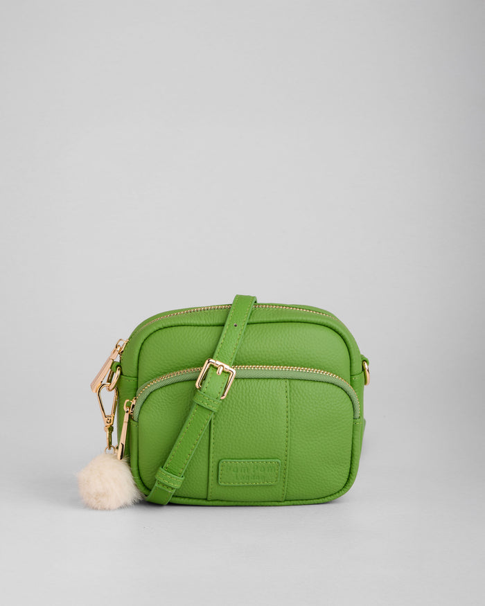 Original Mini Bag in Frog Green full-grain leather close-up | Pom Pom London