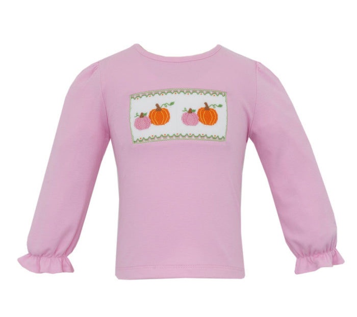 Celebrate autumn’s magic with the Pink Knit Pumpkin Smocked Tee by Anavini! Soft, cozy pink knit and delicate pumpkin smocking bring warmth and charm to every pumpkin patch adventure. The ruffled sleeves add a playful touch, making this tee perfect for festive days through Thanksgiving!