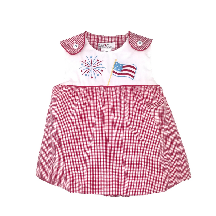 Your little lady will be ready for the 4th of July picnics, parades or fireworks with this adorable American Flag embroidered outfit!&nbsp;This sleeveless bubble comes with an overlay attached skirt design in a red gingham check fabric with embroidered fireworks and flag design on the front that is perfect for celebrating!&nbsp;

Made with a cotton-poly blend fabric that is light weight and easy to care for - just machine wash and tumble dry.&nbsp;