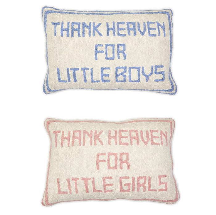 Celebrate the joyous arrival of little ones with the Thank Heaven Punch Embroidered Pillow. This charming white pillow, beautifully embroidered with "Thank Heaven for Little Boys/Girls," makes for an adorable decorative piece in any nursery. It's the perfect gift for new parents, adding a touch of warmth and love to their home!

(Not suitable for crib use)