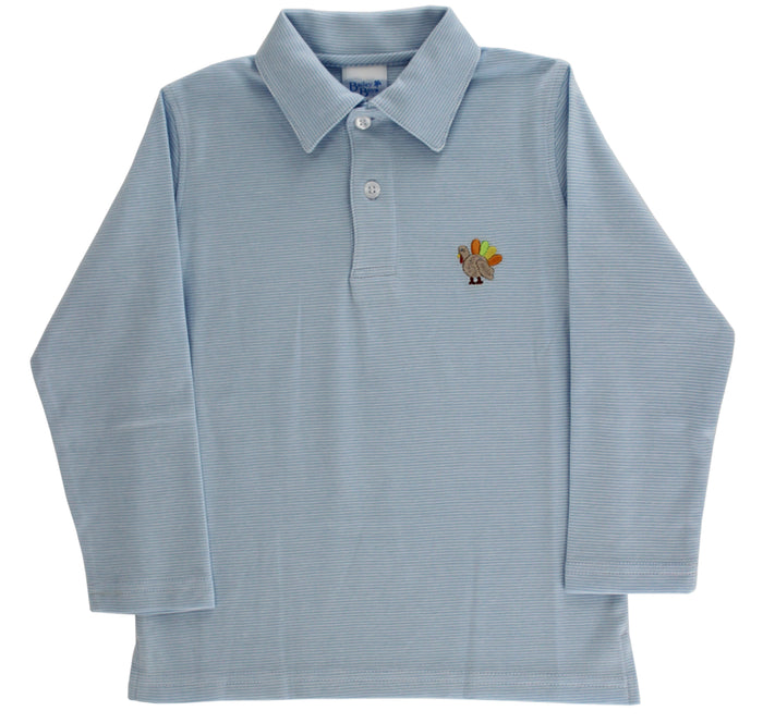 Bailey Boys’ Turkey Trot Polo Shirt blends classic blue and white stripes with a charming turkey embroidery, creating the perfect festive look for toddler boys. Celebrate Thanksgiving in style and comfort, making every moment memorable and joyful!