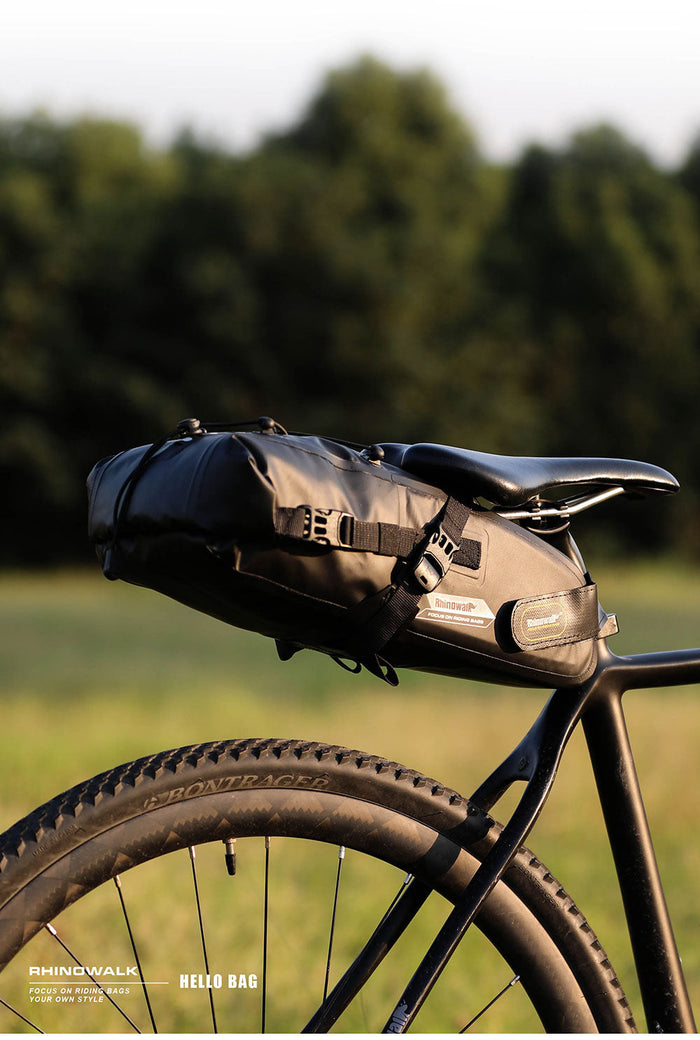 Waterproof bikepacking saddle bag used on a gravel bicycle